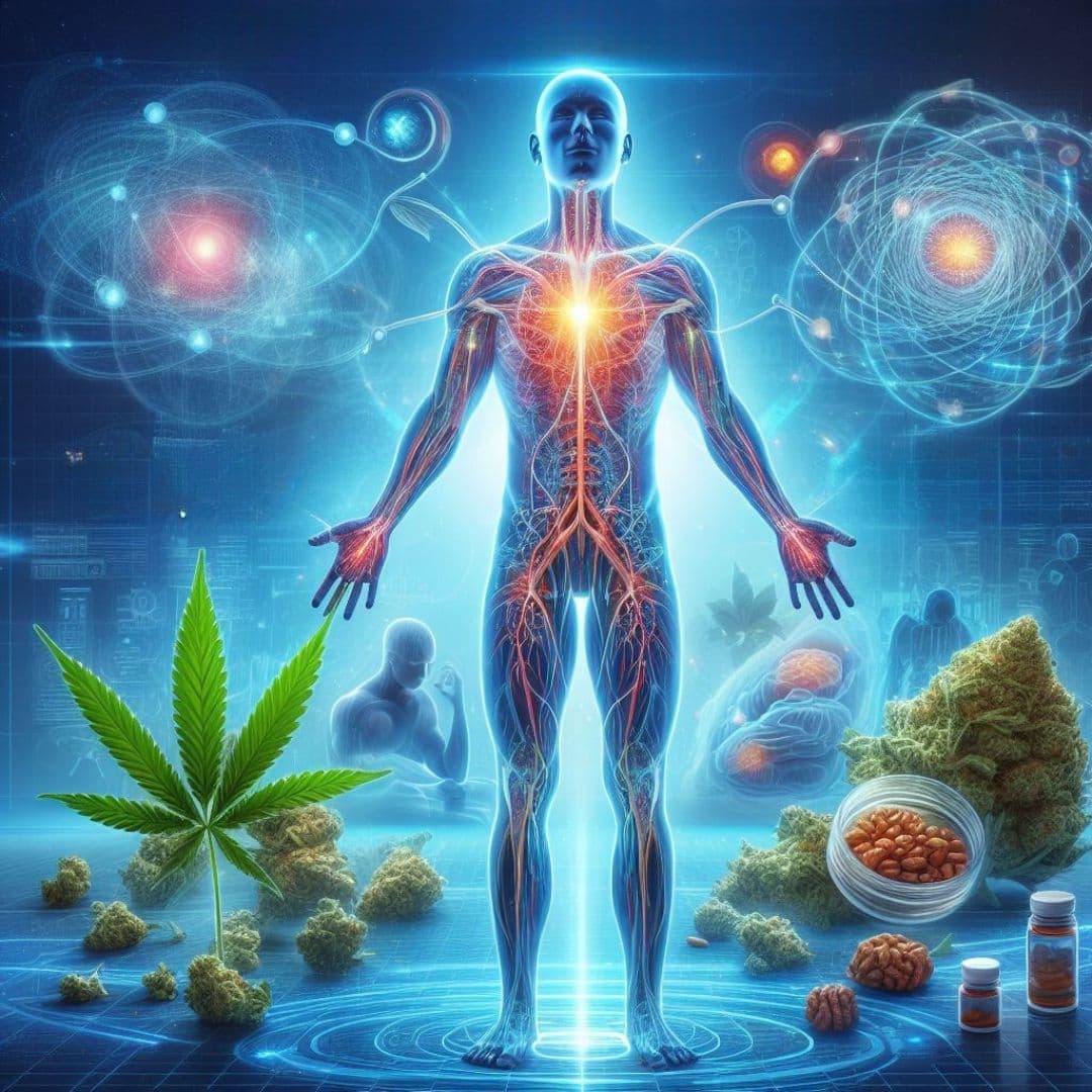 human body with leaves and buds and the universe around it. 